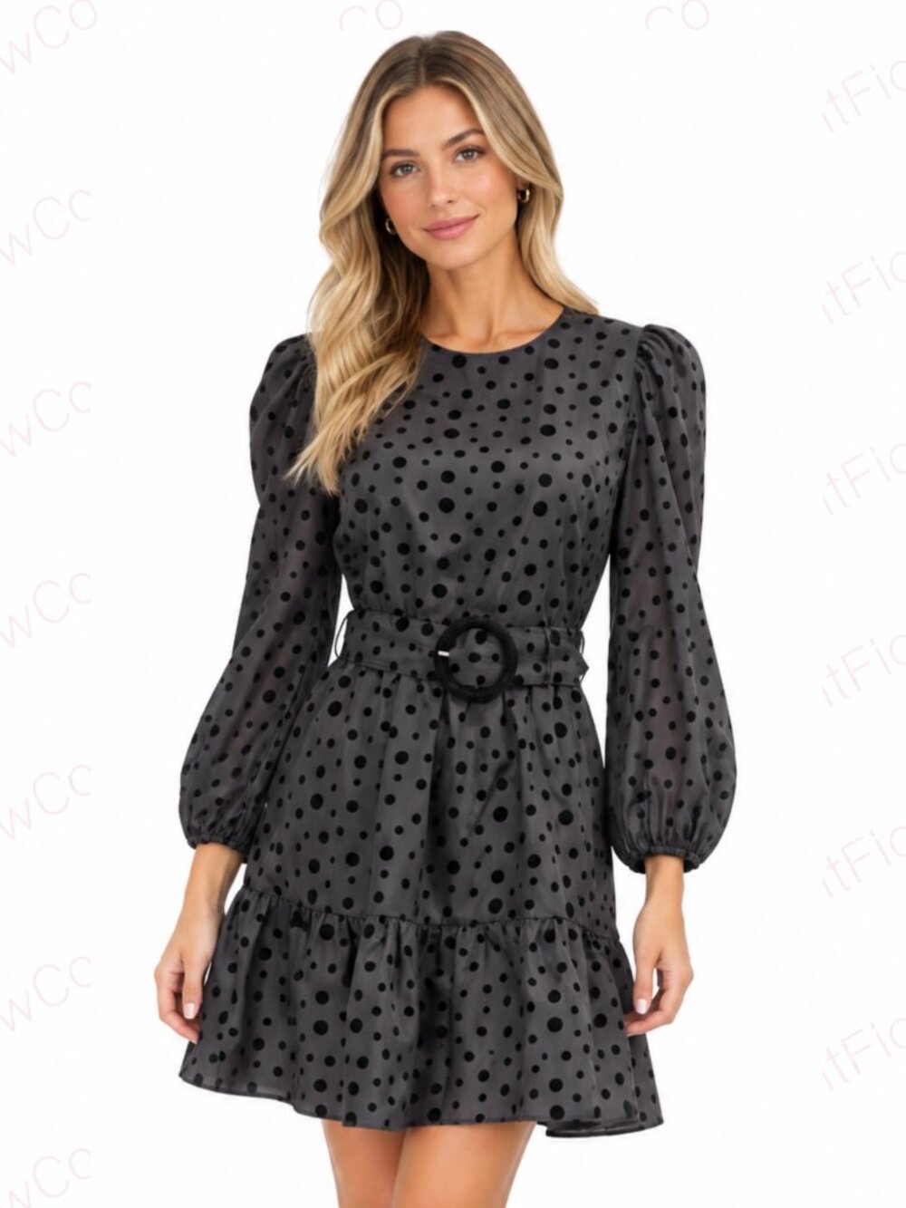 Express Black Flocked Polka Dot Puff Sleeve Belted Dress Small